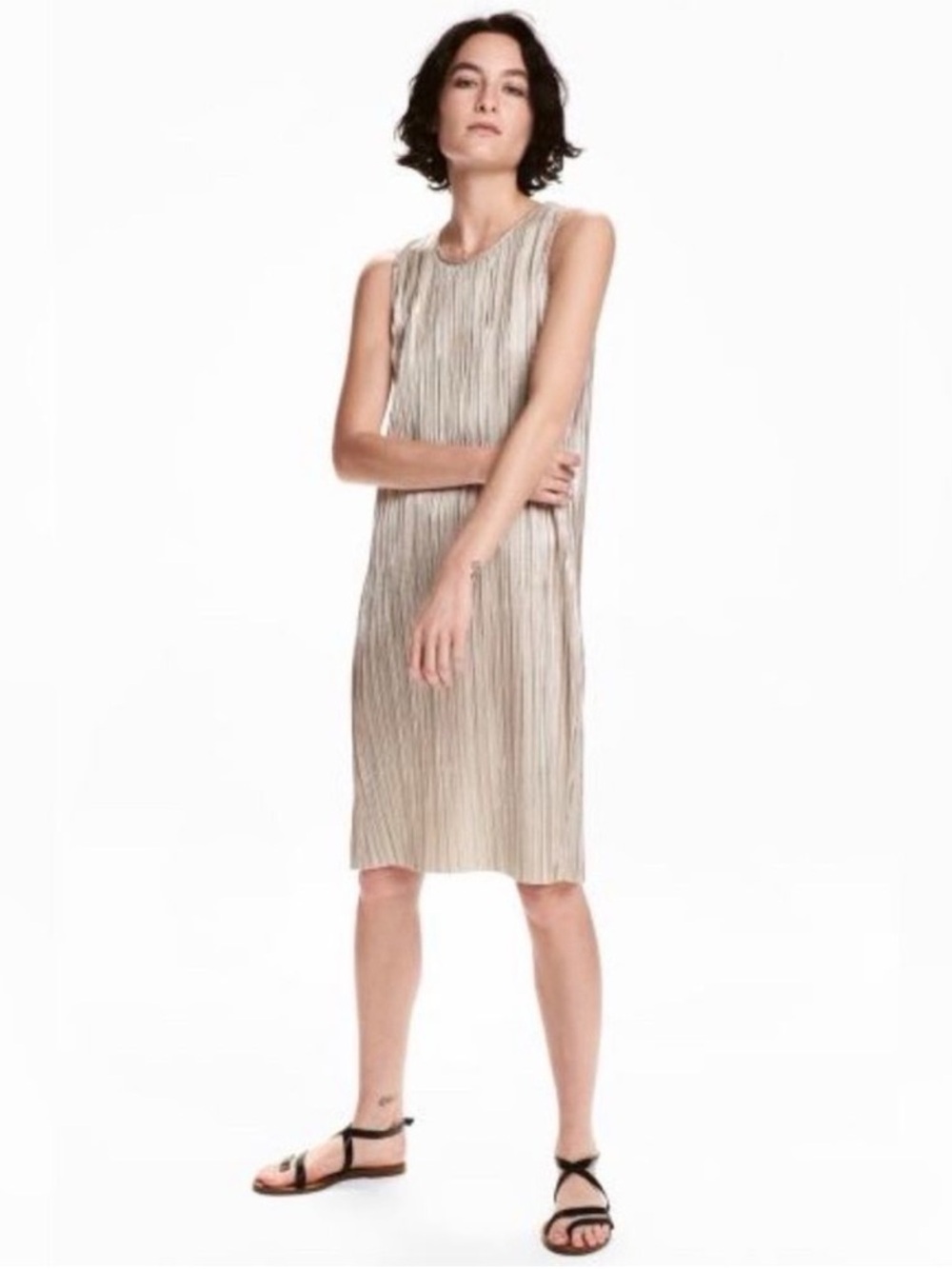 H&M Metallic Champagne Pleated Midi Dress